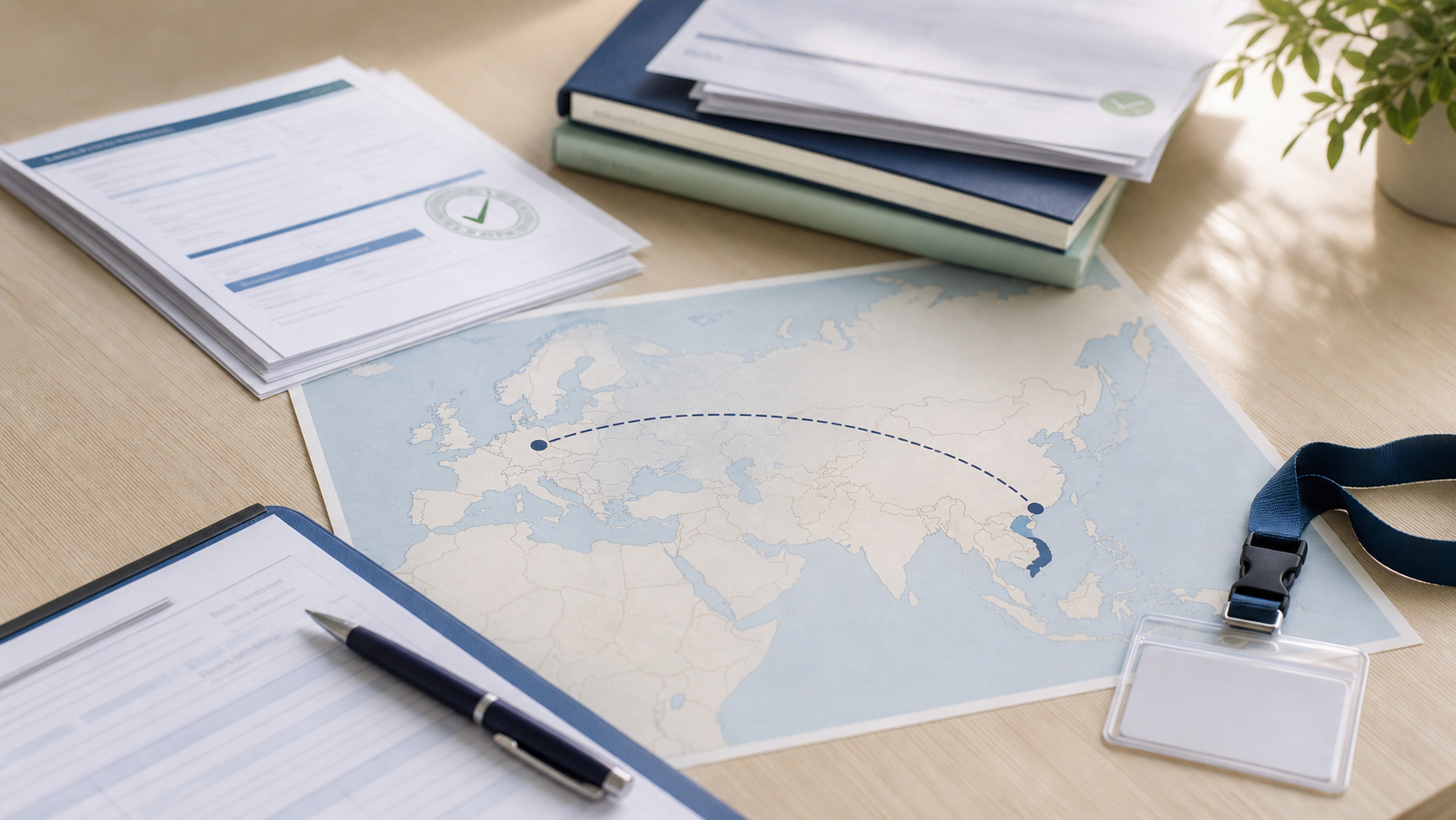 Official-source documents arranged beside a subtle Vietnam to Germany corridor map